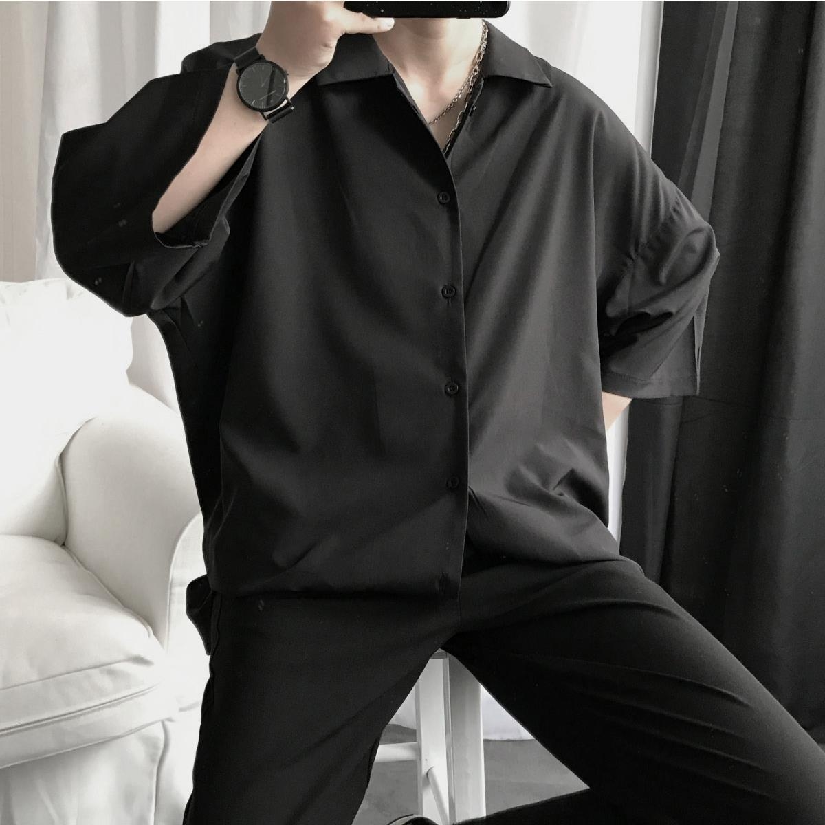 Net red high-grade short sleeve shirt men's Korean fashion loose and versatile, solid color, handsome and fairy shirt, 5-sleeve