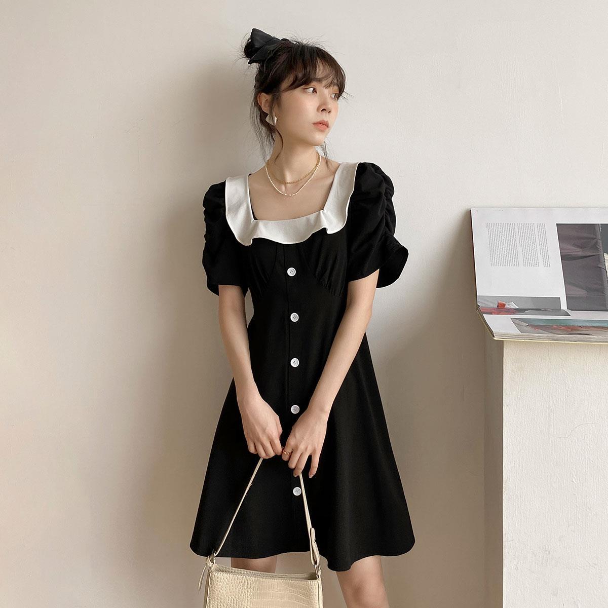 French style retro black square collar waistband show thin cover belly summer dress 2020 new temperament short dress children