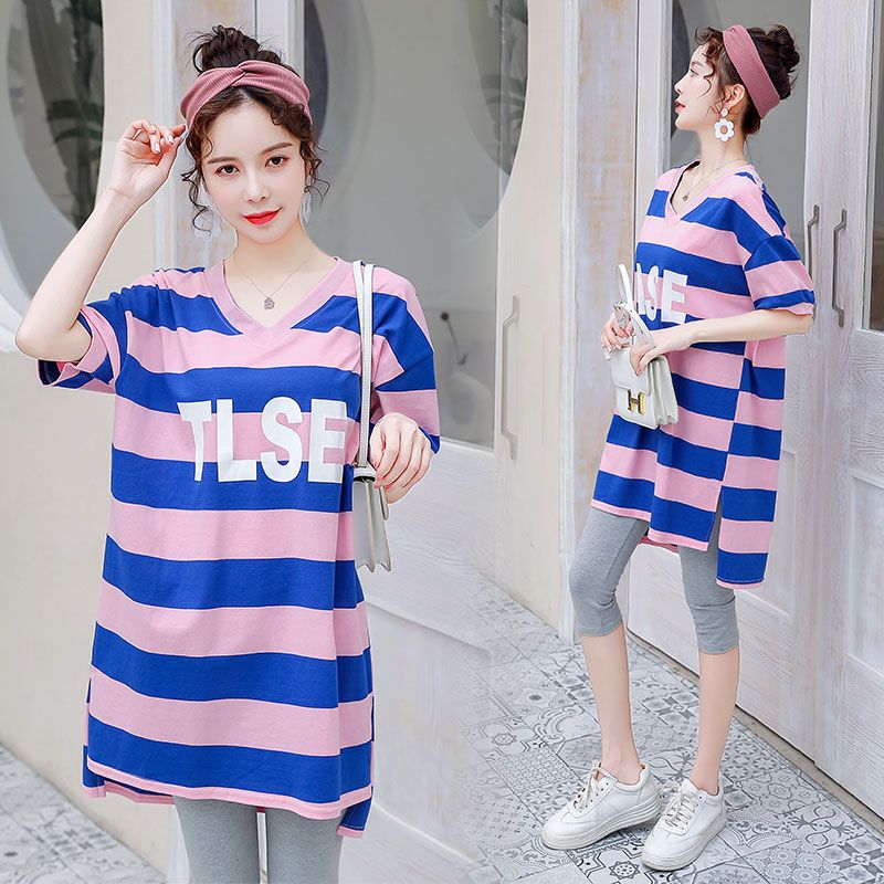 Super large size women's summer clothing Korean version loose belly cover medium and long striped short-sleeved T-shirt fat mm top 300 catties 200
