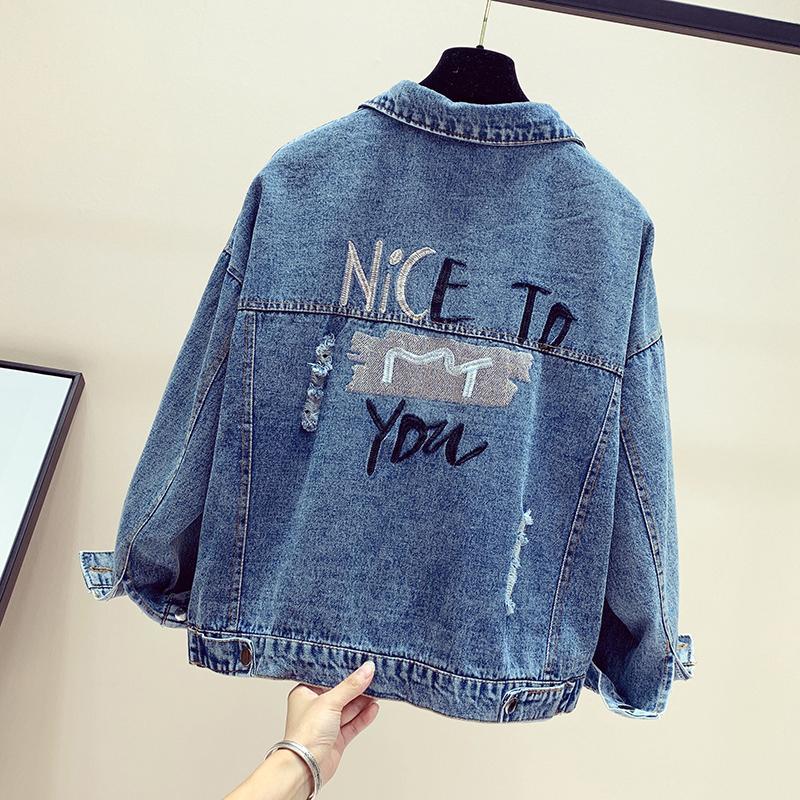 Denim jacket female net red Korean version loose ins embroidery short jacket spring and autumn casual hole BF top tide