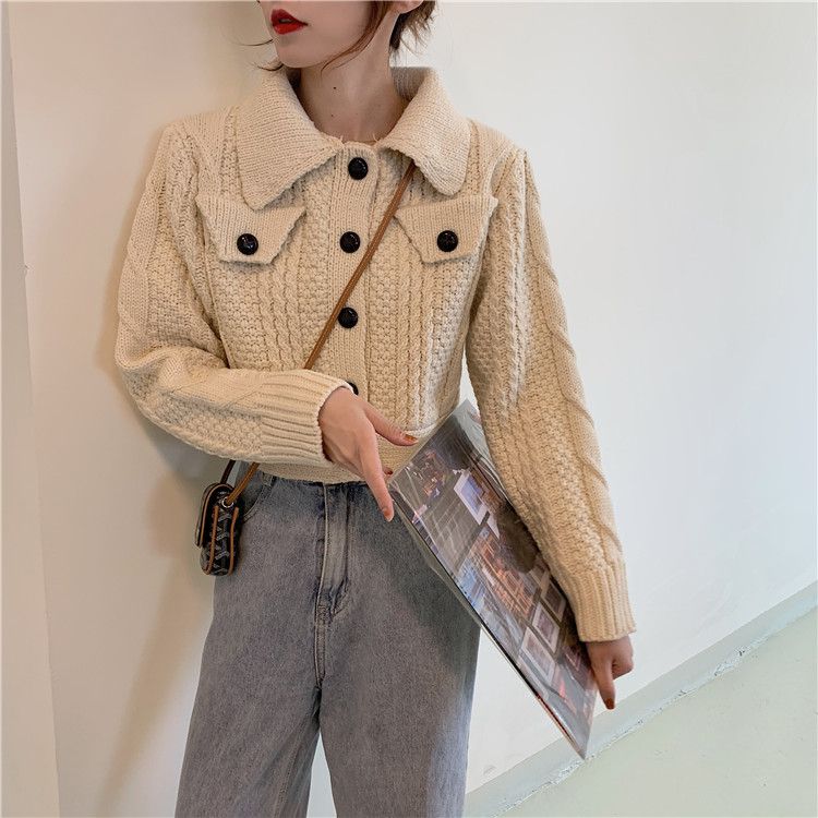 New autumn 2020 short sweater female retro student cardigan chic coarse wool twist knitted jacket
