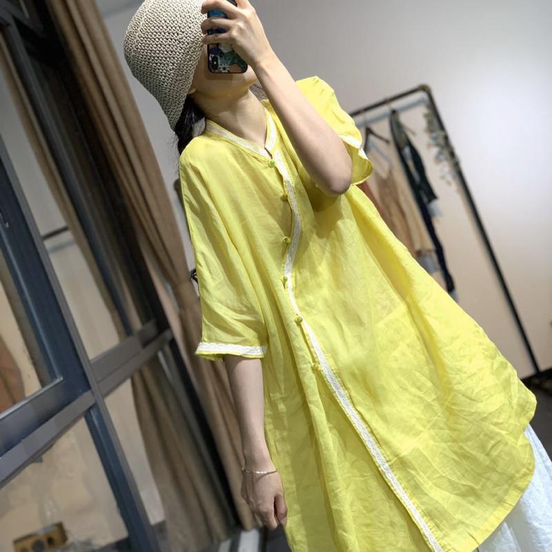 大碼女裝夏裝襯衣立領襯衫上衣女2023新款中長款復古斜襟盤扣茶服