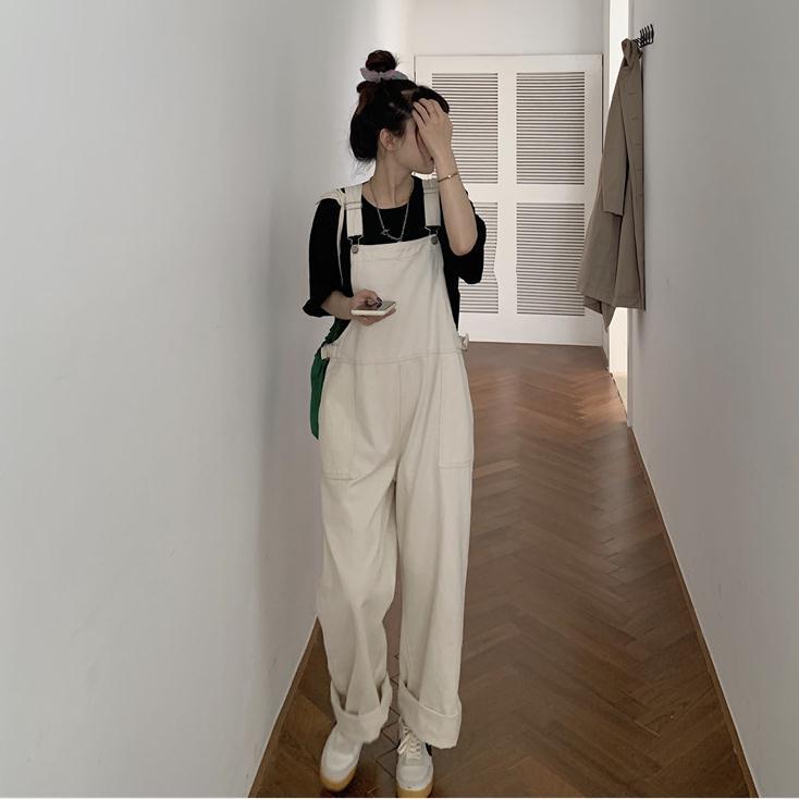 Autumn ins small fresh young denim back pants women's loose high waist straight tube wide leg pants show thin one-piece pants