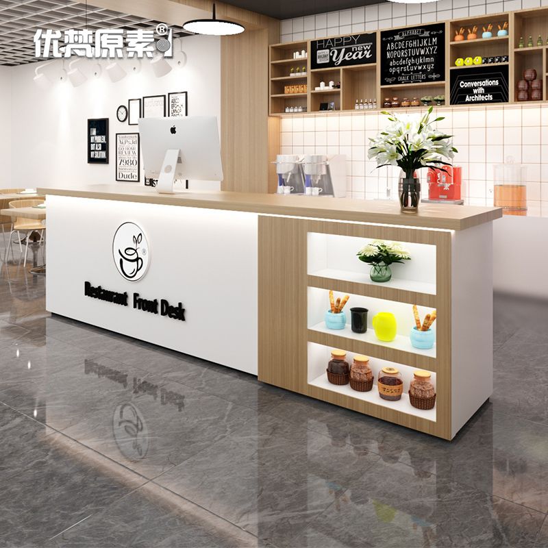 简约现代奶茶店吧台水吧饮料店收银台定制创意灯带美甲前台接待台