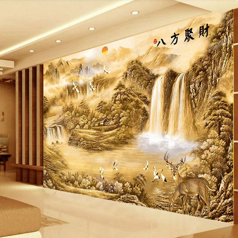 八方聚财壁画聚宝盆招财风水中式墙布客厅电视背景墙壁纸山水画