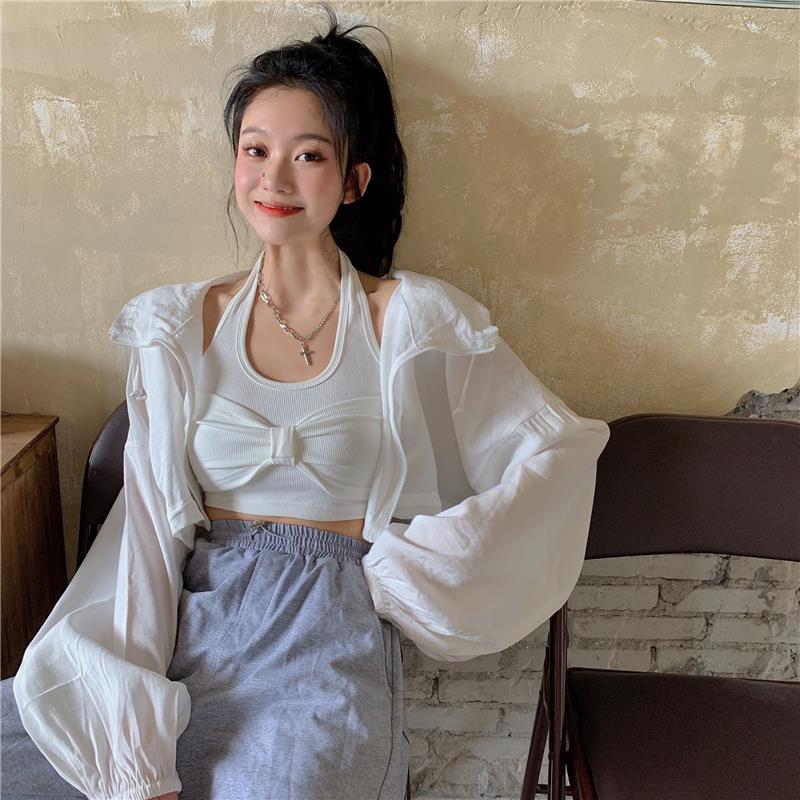 Bow-knot long-sleeved white small suspender women's summer inner-layer vest 2023 new short top for outer wear