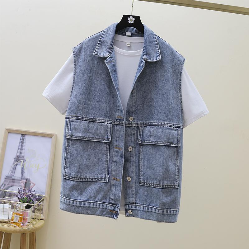 Retro Hong Kong style denim jacket women's spring and autumn Korean version loose sleeveless waistcoat vest vest shoulder vest outer wear