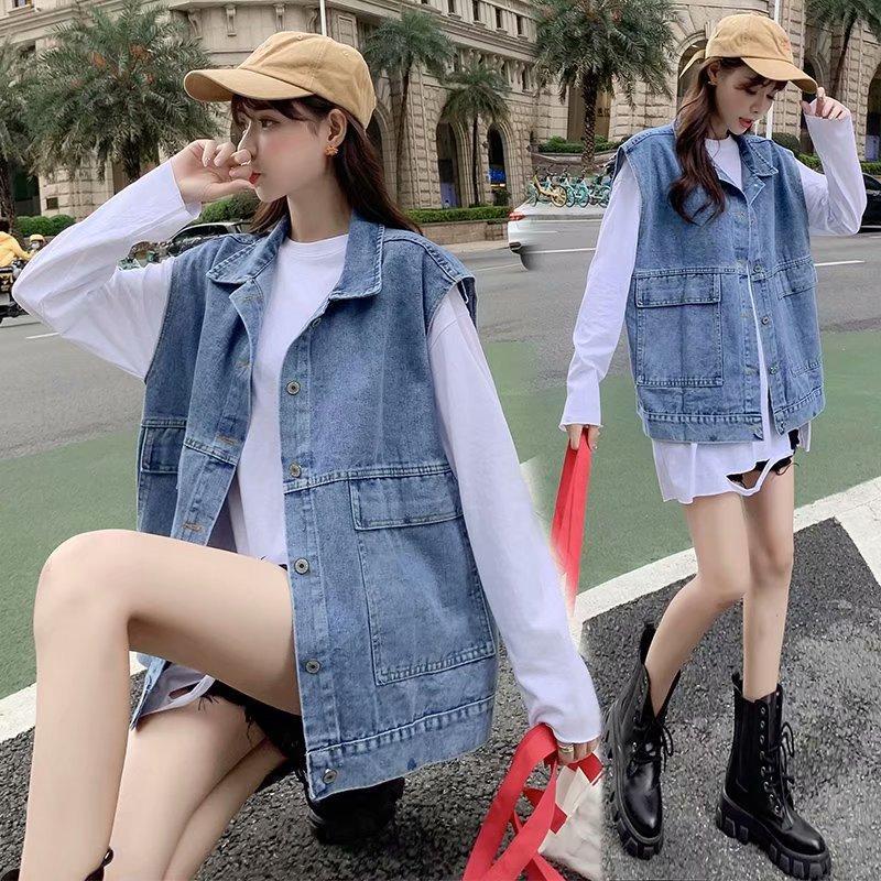 Hong Kong style denim jacket spring and summer new Korean version sleeveless denim jacket student BF loose tooling vest female tide