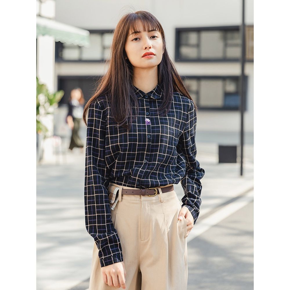 茵曼翻领衬衣春秋新款复古文艺格子衬衫女士长袖纯棉格格上衣宽松