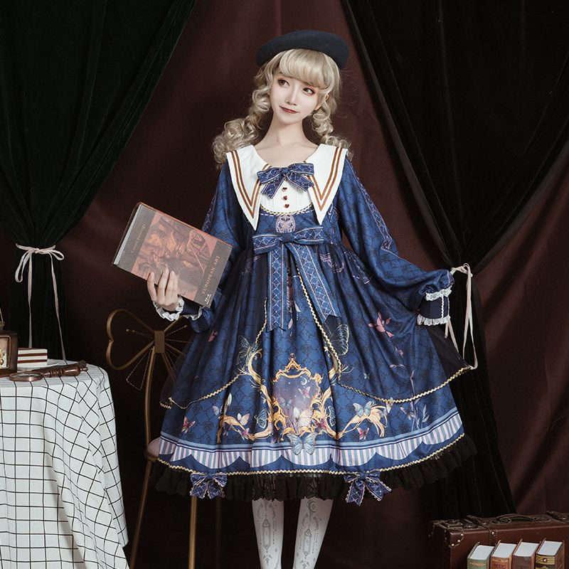 [full style] Lolita skirt original autumn and winter Lolita elegant gorgeous butterfly love flying OP Long Sleeve Dress
