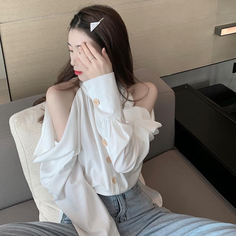 初戀設計感小眾仙氣少女襯衫女露肩白色長袖法式洋氣上衣韓版秋