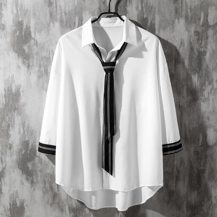 Tie Shirt Men's Japanese casual couple large loose shirt 3 / 4 sleeve hairdresser student shirt trendy men's wear