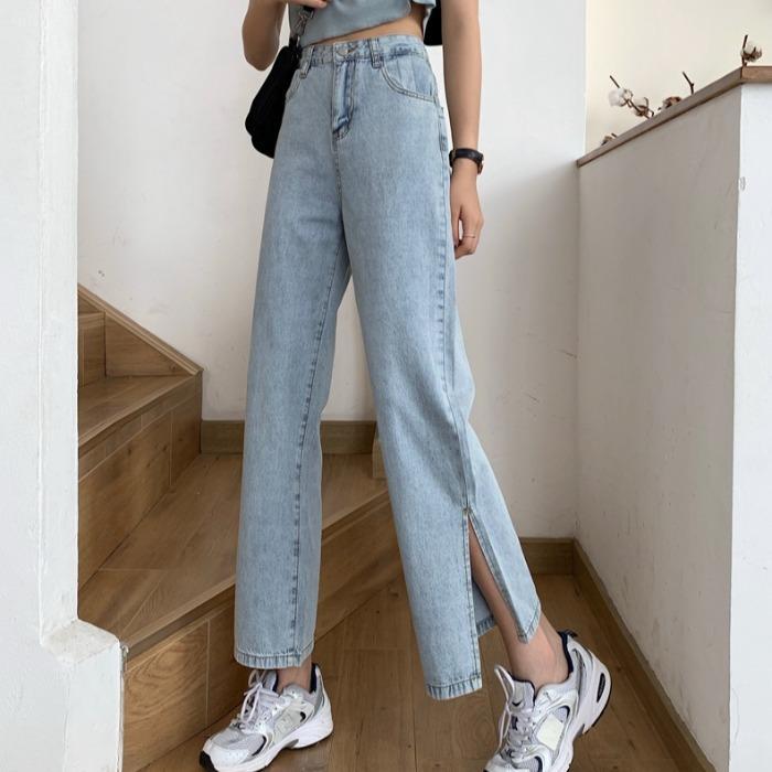 Summer new Korean wash light color high waist show thin and loose straight tube wide leg split jeans pants women fashion