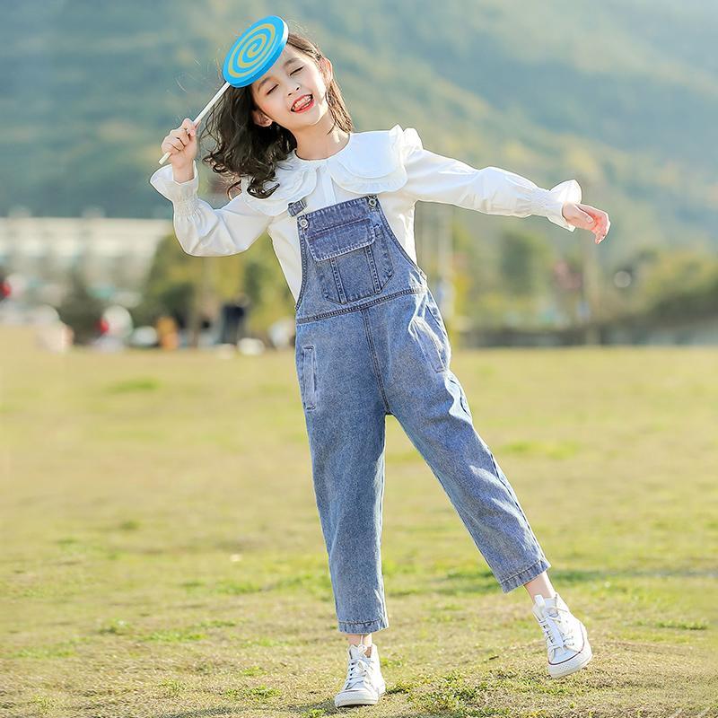 女童牛仔背帶褲2023新款中大童韓版褲子春秋洋氣兒童秋裝套裝10歲