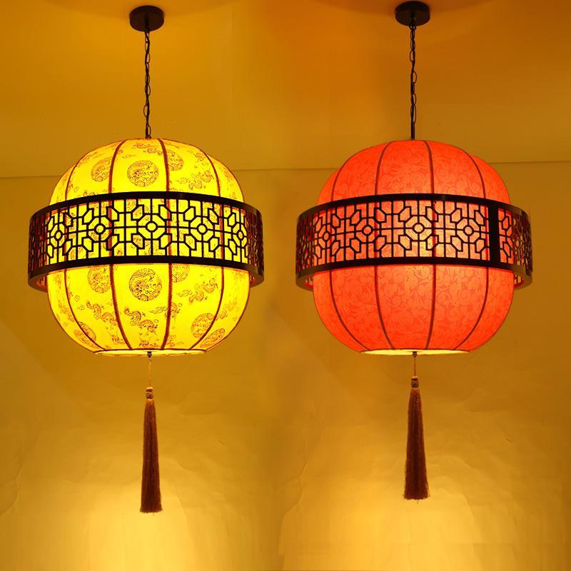 中式古典灯笼灯茶楼仿古羊皮灯饰中国风餐厅木艺楼梯布艺灯笼吊灯