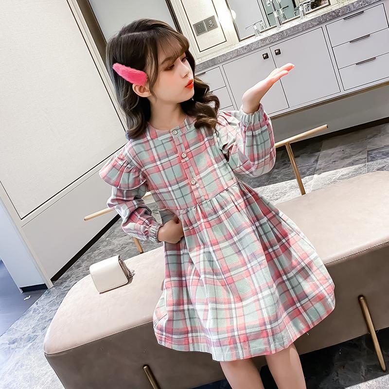 女童連衣裙秋裝2021新款洋氣公主裙韓版兒童女孩長袖格子襯衫裙子