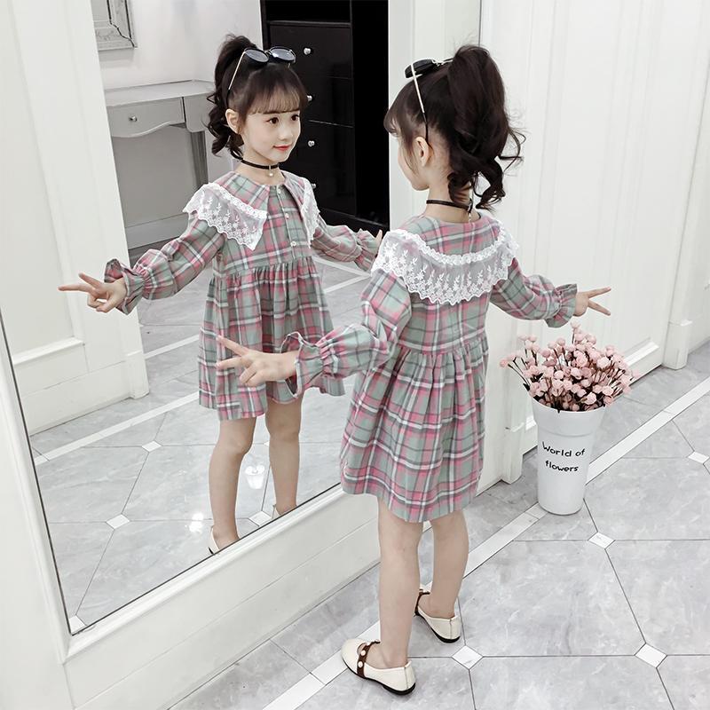 女童連衣裙2021新款春秋款韓版時尚中大童小女孩洋氣格子襯衣裙潮