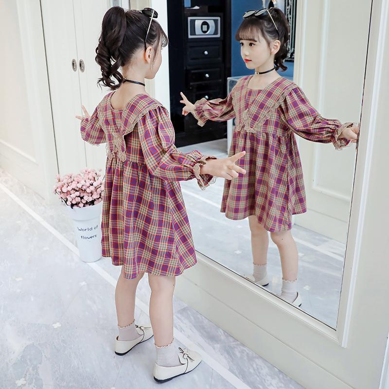女童連衣裙秋裝2021新款洋氣長袖格子裙子兒童棉布公主網紅裙小孩