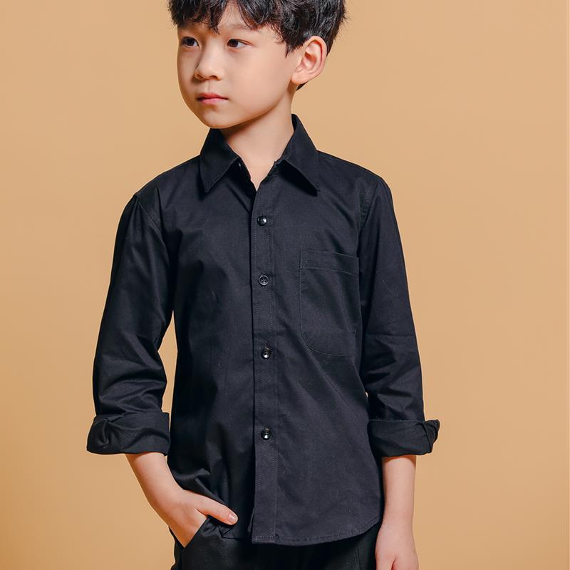 男童黑色衬衫纯棉长袖春秋新款儿童衬衫中大童衬衣男孩子礼服上衣