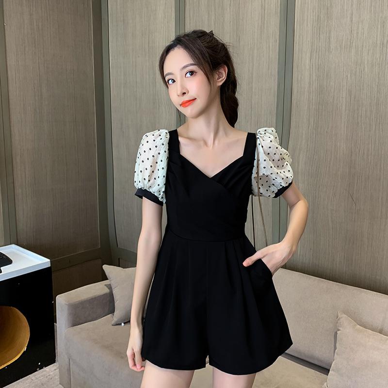Jumpsuit women's 2022 new summer thin section v-neck waist slimming mesh splicing casual pants wide-leg shorts