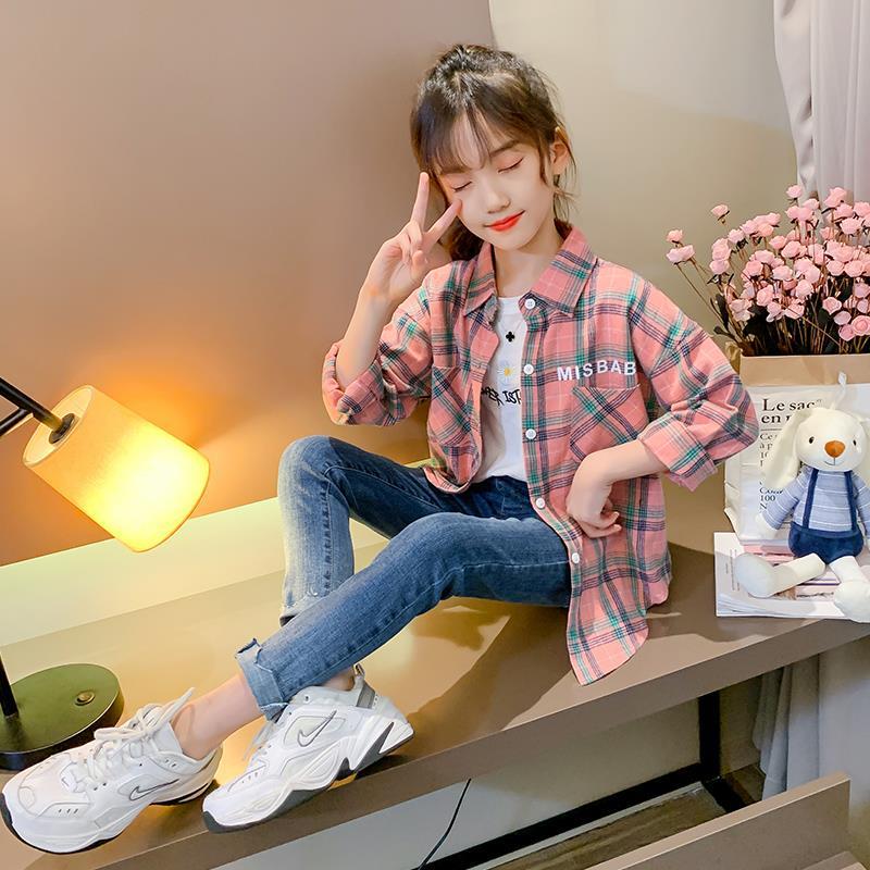 女童翻領印花襯衫長袖秋裝2023新款中大童童裝兒童襯衣經典格紋潮