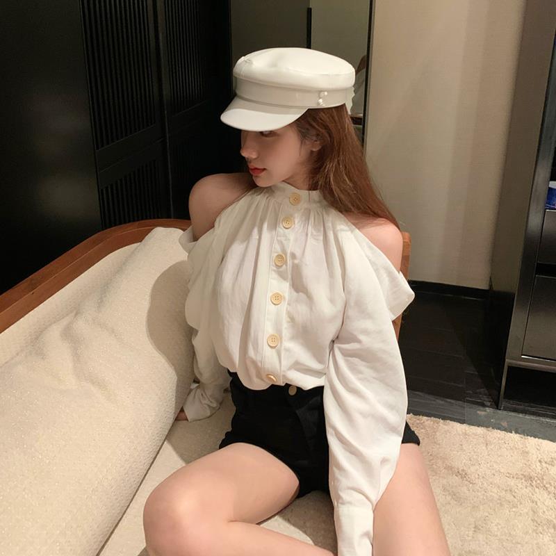 Hong Kong style retro white shirt female summer careful off-the-shoulder long-sleeved shirt light and familiar style design niche top