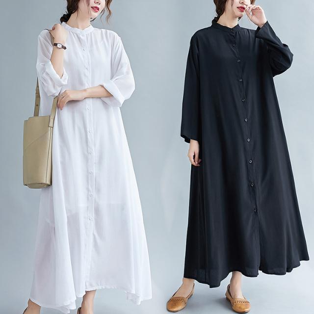 大碼女裝200斤長袖襯衫裙子新款2020年長裙連衣裙純色寬鬆秋季潮