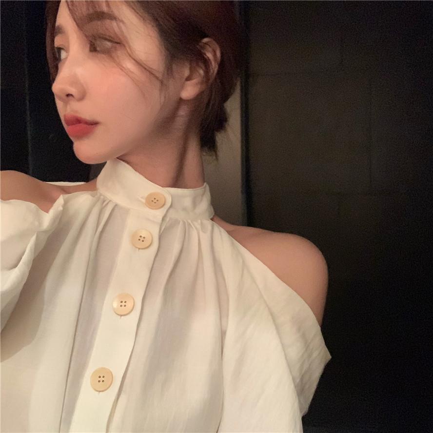 Hong Kong style retro white shirt female summer careful off-the-shoulder long-sleeved shirt light and familiar style design niche top