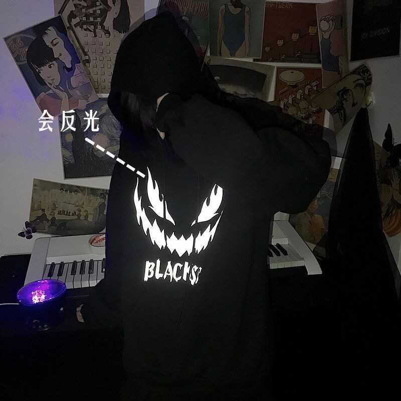 Korean version of INS autumn and winter new reflective dark sweater men's and women's wide animation print hooded couple's wear