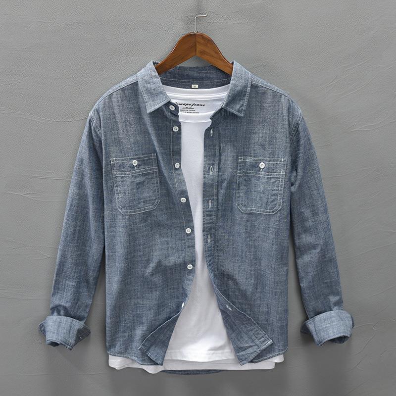 2021 spring and summer men's casual cotton denim shirt Japanese trend youth square collar loose long-sleeved shirt trend