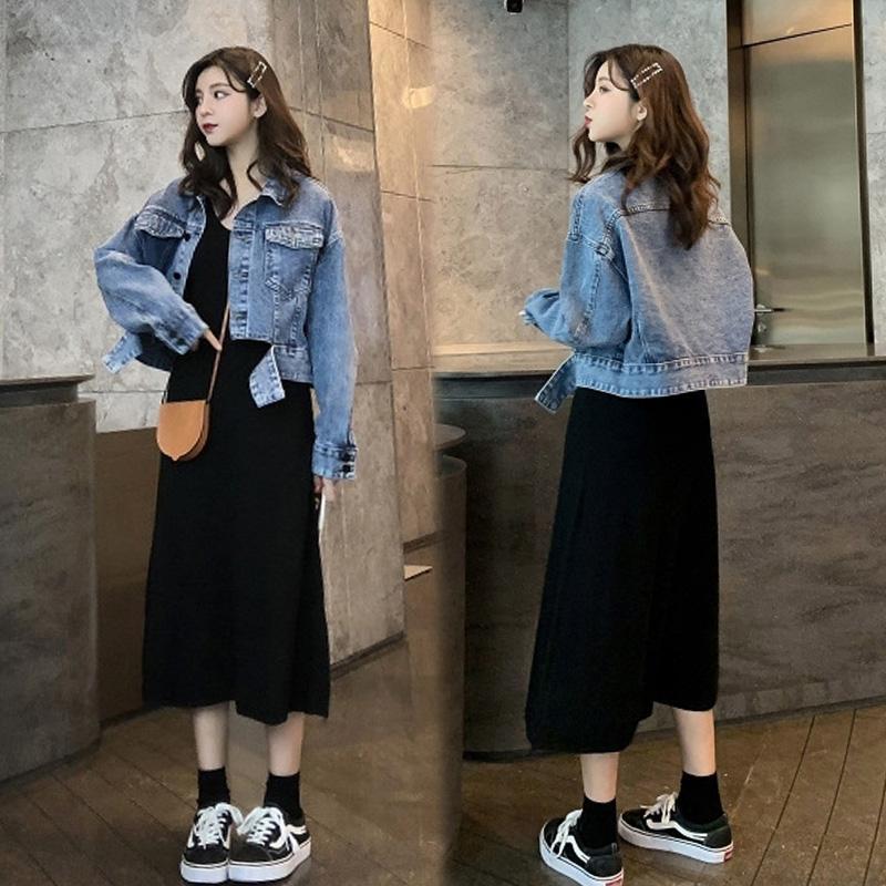 Autumn tops new fat sister slimming plus size women's foreign style age-reducing denim short coat dress two-piece suit