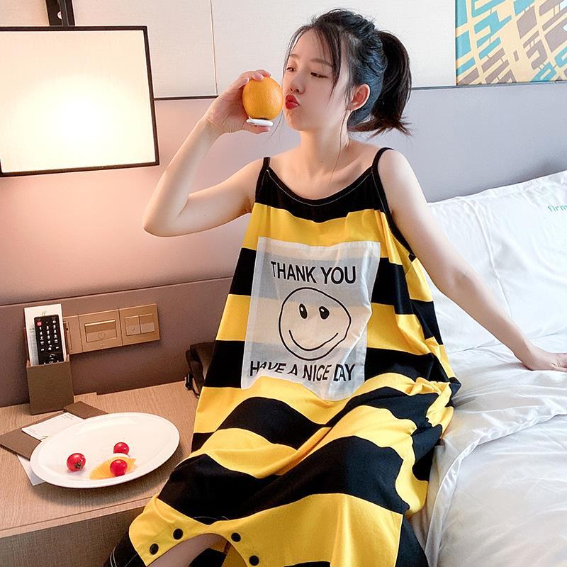Smiling face striped suspender pajamas lovely nightdress women's summer loose cotton large size one-piece clothes pregnant women's thin home clothes