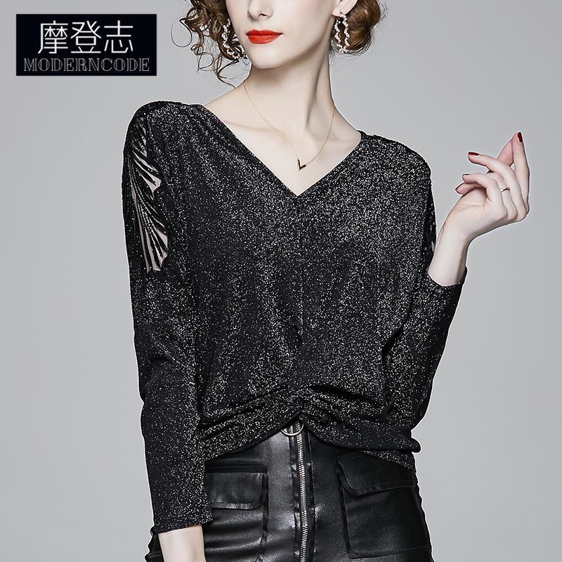 时尚打底衫女2020新款长袖秋季v领洋气黑色小衫百搭亮丝上衣宽松