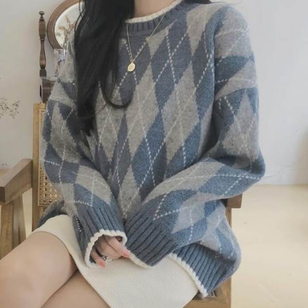 Pullover for women autumn winter 2020 New Retro languid wind thickened contrast diamond check knitwear
