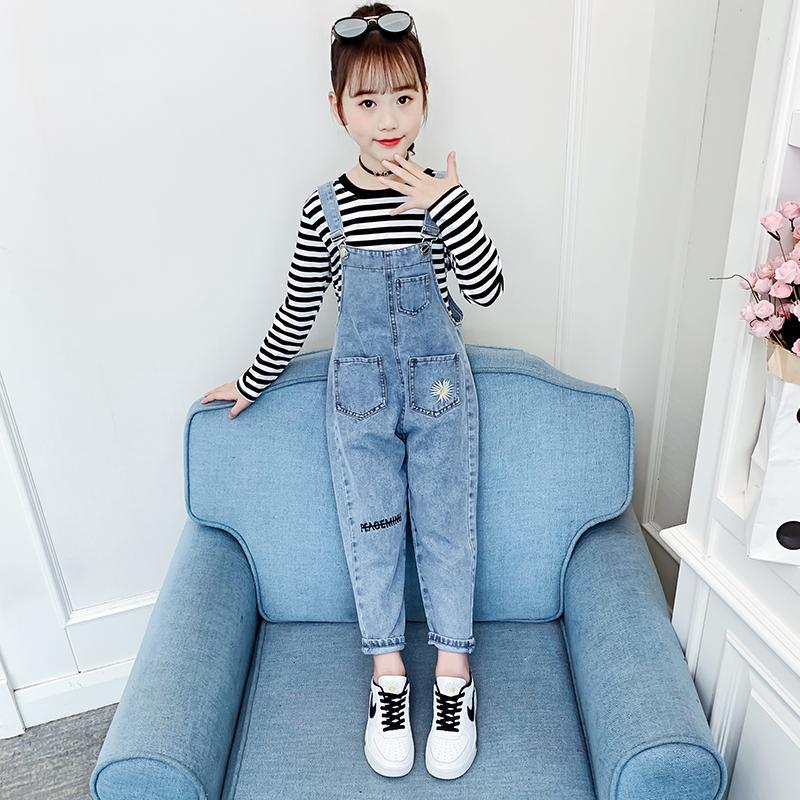 女童牛仔背帶褲套裝2023新款春裝6吊帶褲78韓版9兒童長褲3-15歲潮