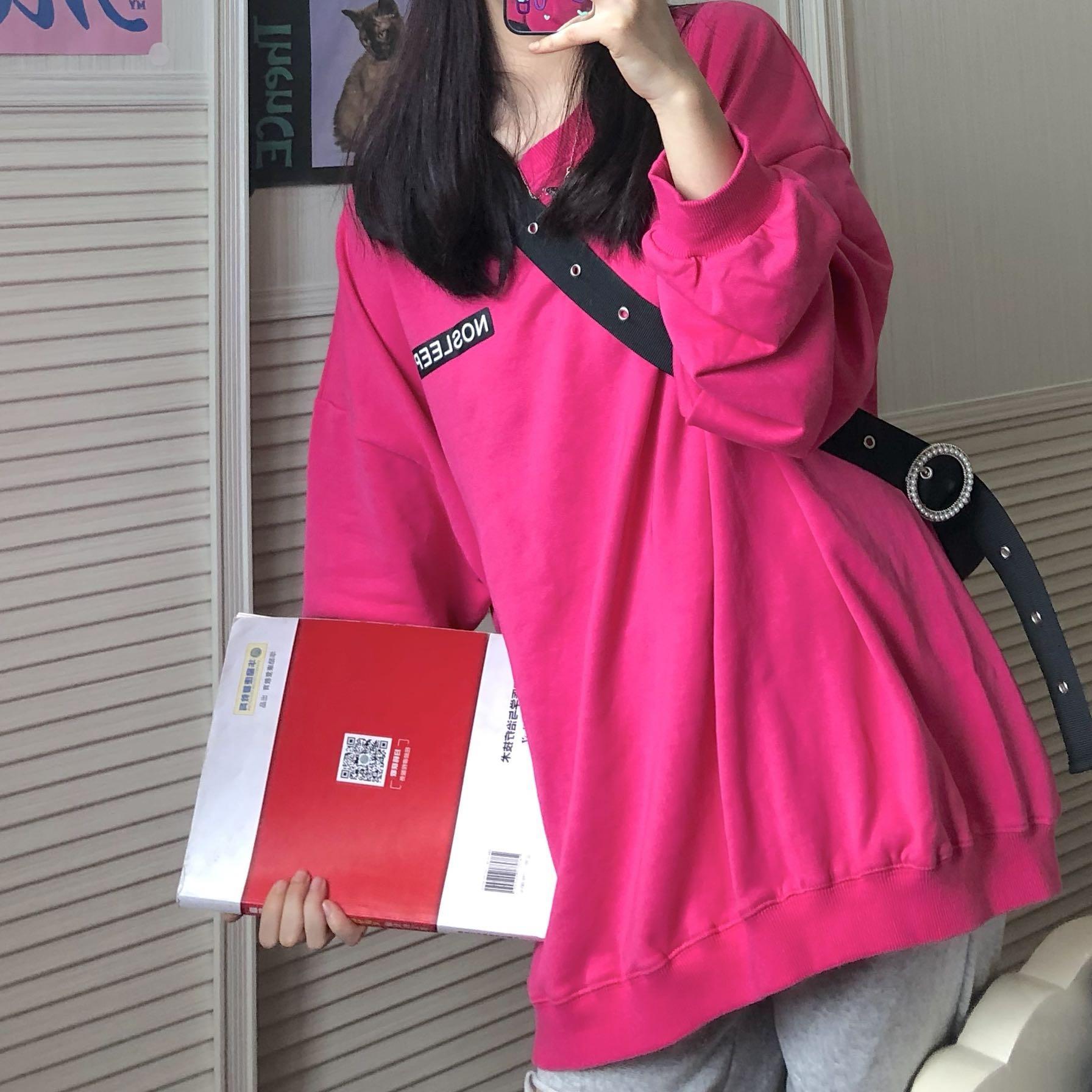 玫红色无帽棉卫衣女早秋新款洋气学生韩版宽松潮ins长袖上衣外套