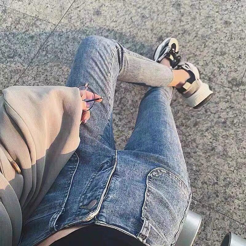 Korean version of Hyuna High Waist Stretch Jeans Women 2022 Spring New Slim Fit Versatile Raw Edge Nine Minute Pencil Trousers