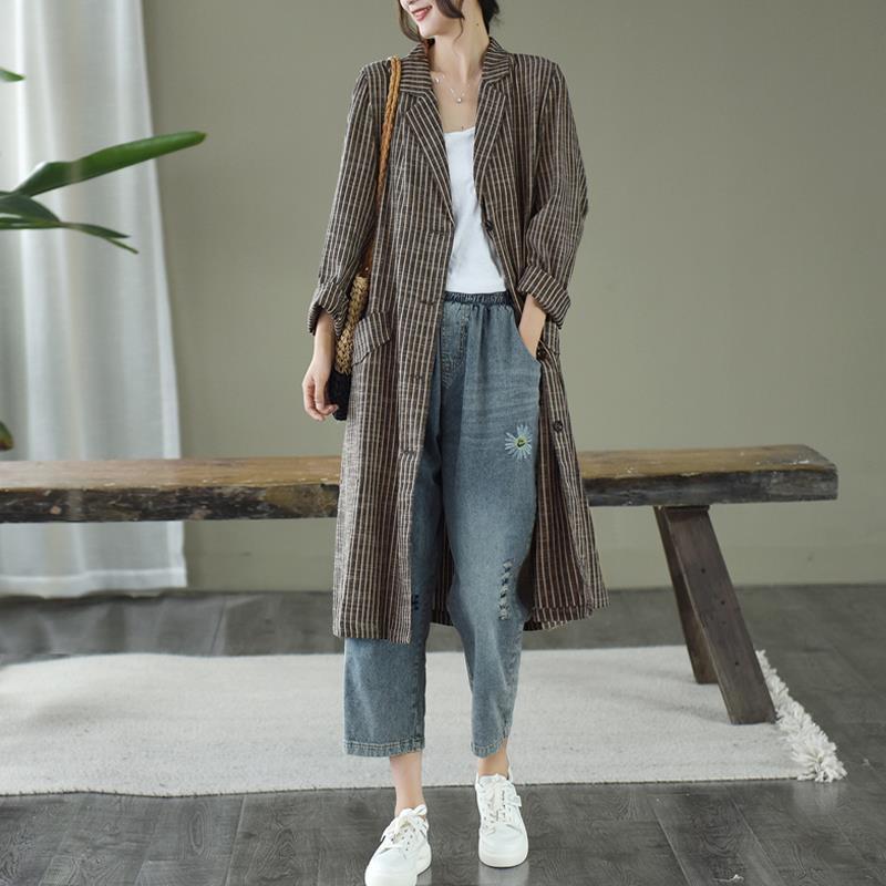 Retro Cotton Linen Suit Collar Jacket Women's Autumn New Loose Large Size Mid-length Casual Windbreaker Long-sleeved Cardigan