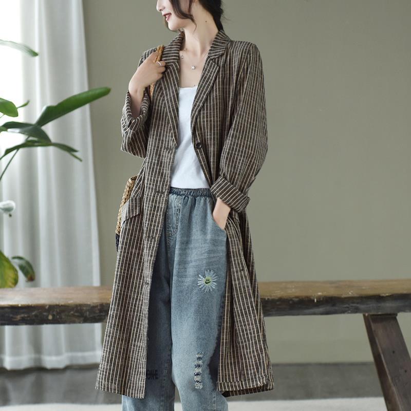 Retro Cotton Linen Suit Collar Jacket Women's Autumn New Loose Large Size Mid-length Casual Windbreaker Long-sleeved Cardigan