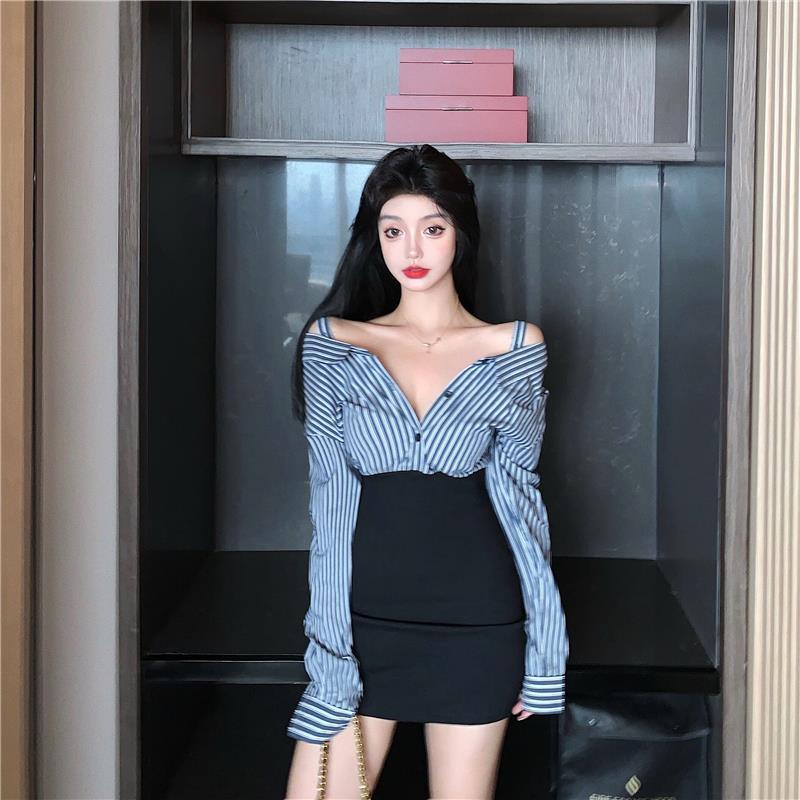 長袖襯衫連衣裙女秋季緊身包臀內搭打底短裙2023新款氣質收腰裙子