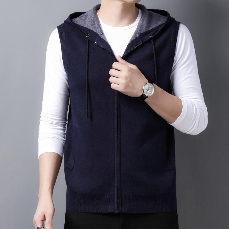 New Arrival Hooded Wool Cardigan Vest Men Korean Version Thick Section Knitted Sweater Vest Loose Sleeveless Sweater Jacket Trendy