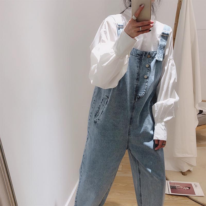 2021 Spring and Autumn Denim One-Piece Bib Pants Female Students Korean Version Large Size Loose High Waist Wide Trousers Cropped Pants