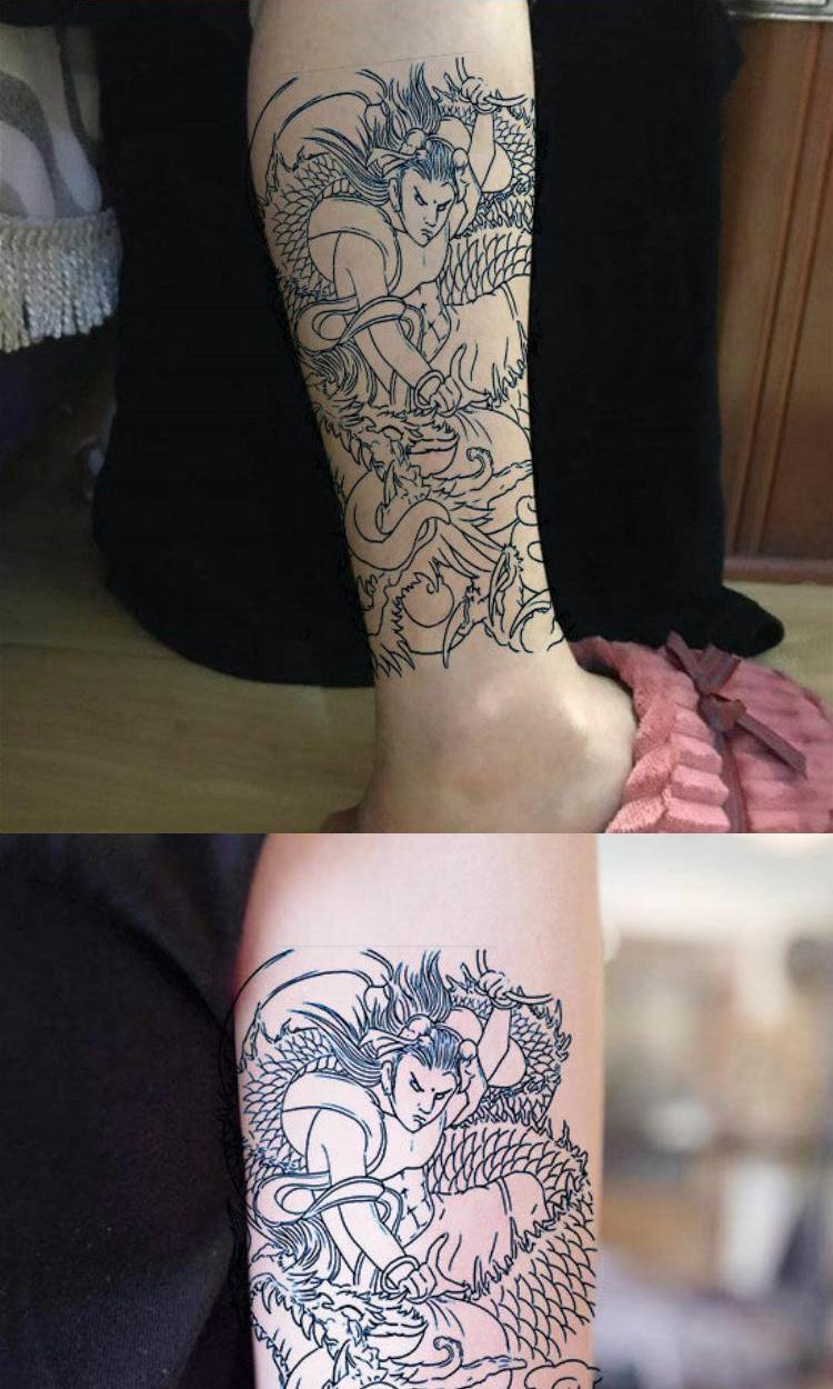 六六的店哪吒鬧海線條花臂花腿防水持久紋身