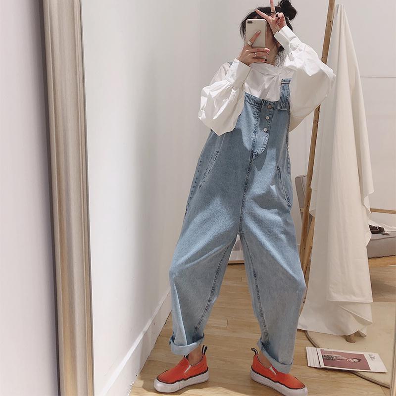 2021 Spring and Autumn Denim One-Piece Bib Pants Female Students Korean Version Large Size Loose High Waist Wide Trousers Cropped Pants