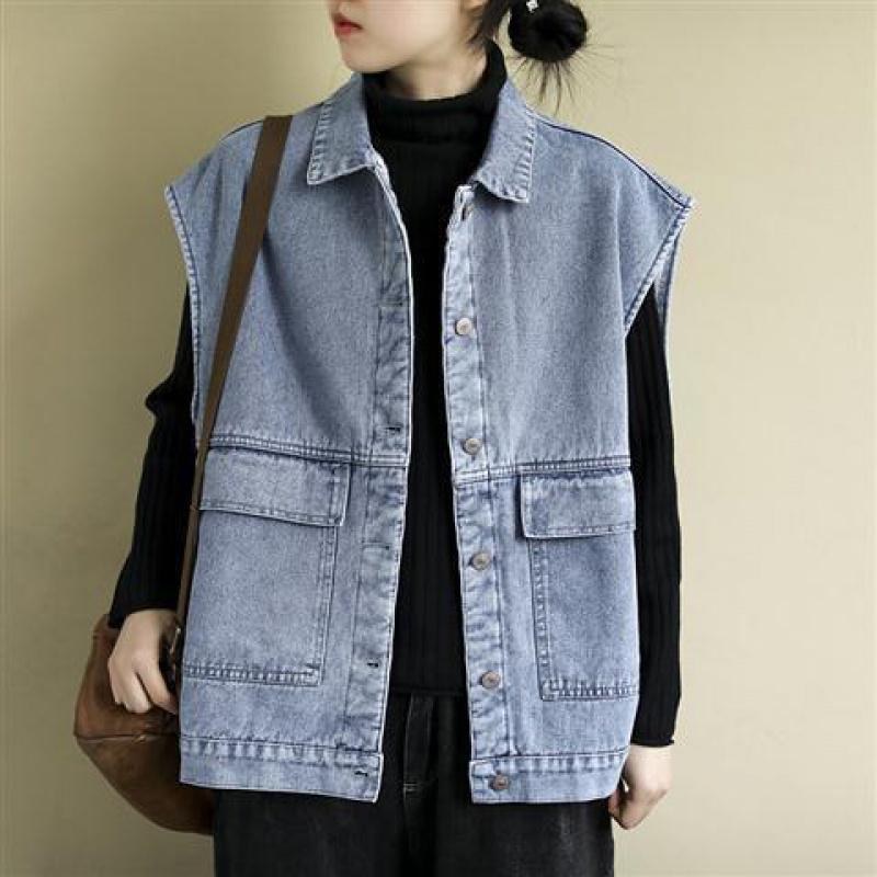 Spring and summer new retro literature and art large size loose all-match casual vest jacket single-breasted thin section denim vest for women