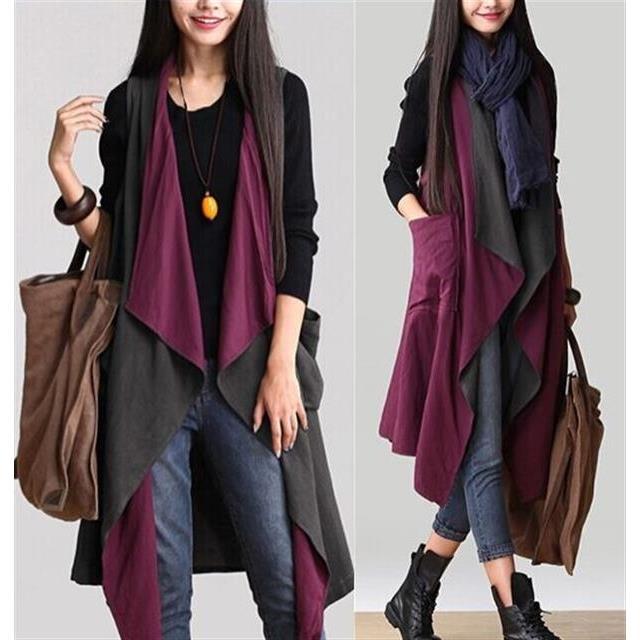 2020 spring and autumn new large-size women's clothing reversible vest casual loose literary color matching mid-length waistcoat jacket