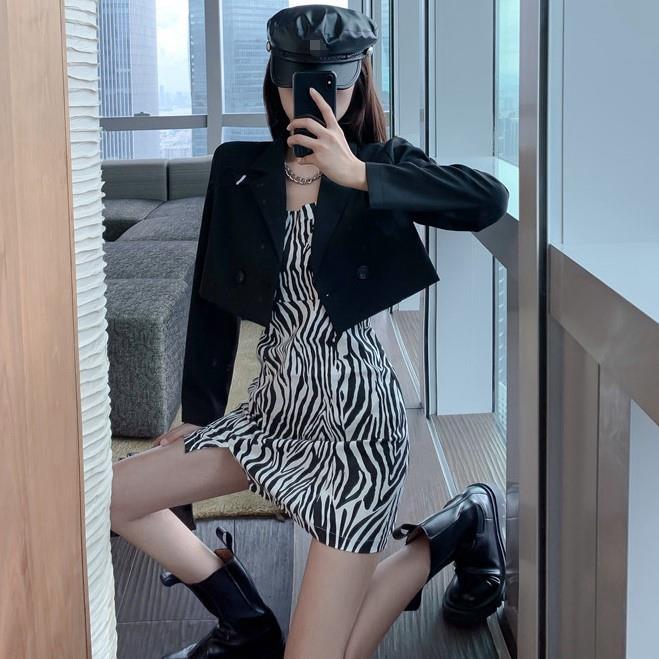 2023 new autumn blazer + zebra pattern sexy suspender skirt two-piece fashion suit for women
