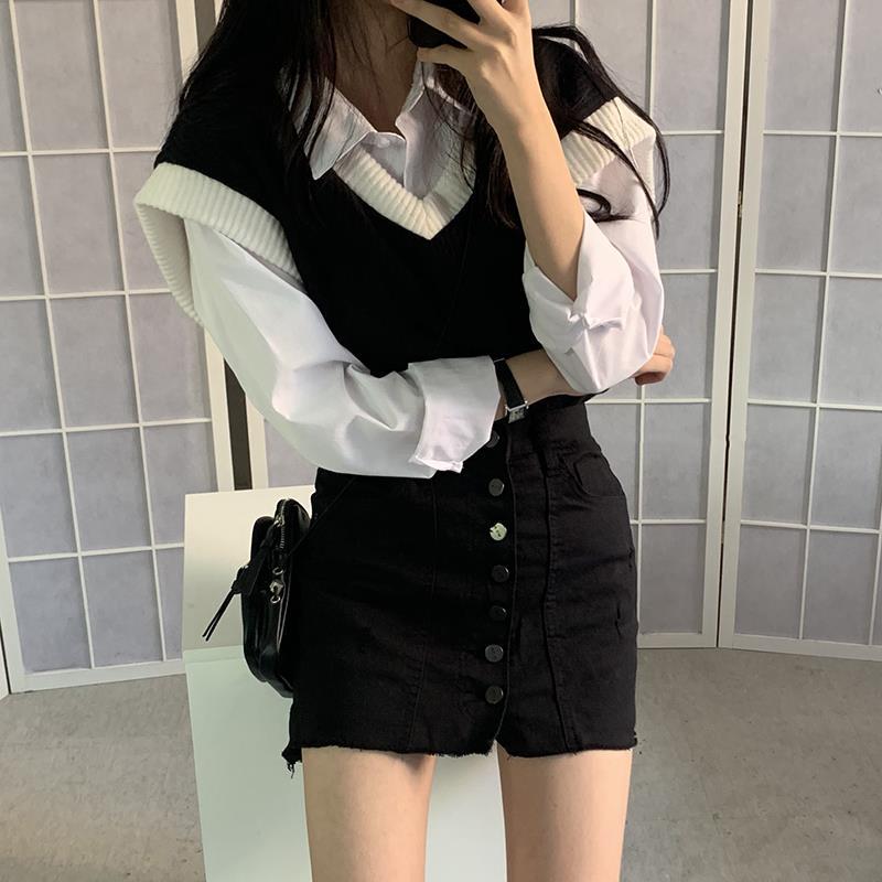 兩件套裝/單件春秋復古學院風洋氣減齡毛衣V領馬夾針織馬甲襯衫潮