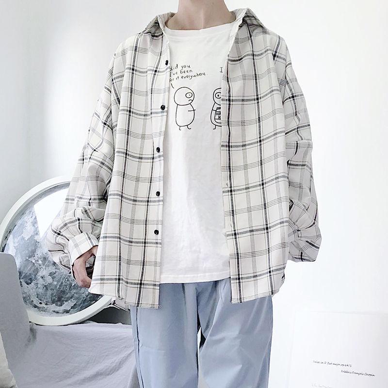 Autumn new plaid shirt men's long-sleeved Korean style trendy loose Hong Kong style casual versatile shirt college style class uniform