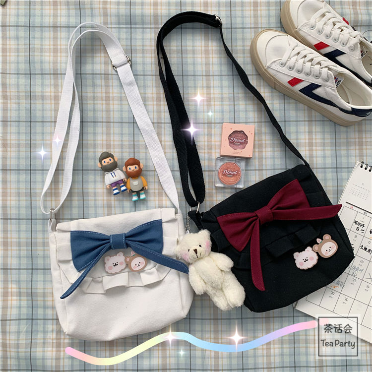 lolita日系女學生復古甜美蝴蝶結軟妹帆布包百搭INS斜挎包jk包包
